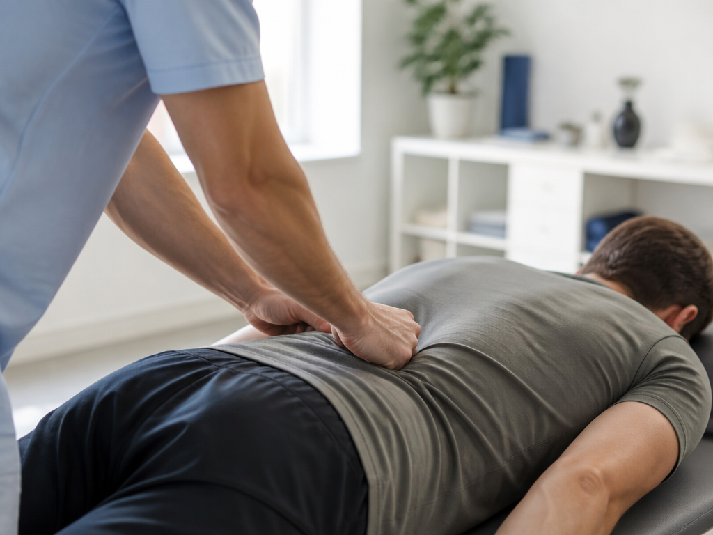 Fisioterapeuta avaliando a região lombar de um paciente